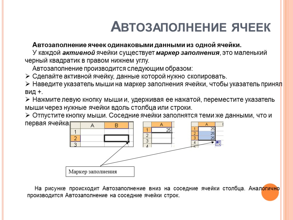 Автозаполнение ячеек Автозаполнение ячеек одинаковыми данными из одной ячейки. У каждой активной ячейки существует